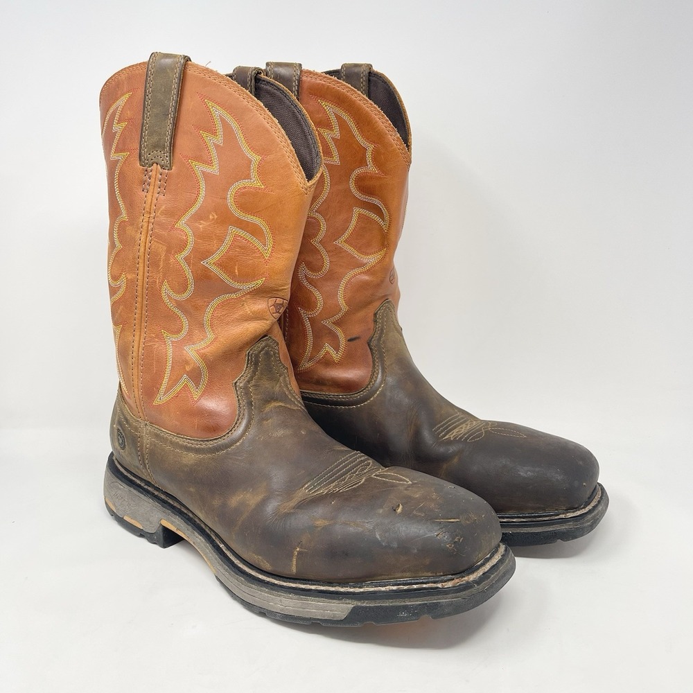 Ariat Work Hog Boots Mens 13D Steel Toe Orange Brown Leather Square‎ Toe Western